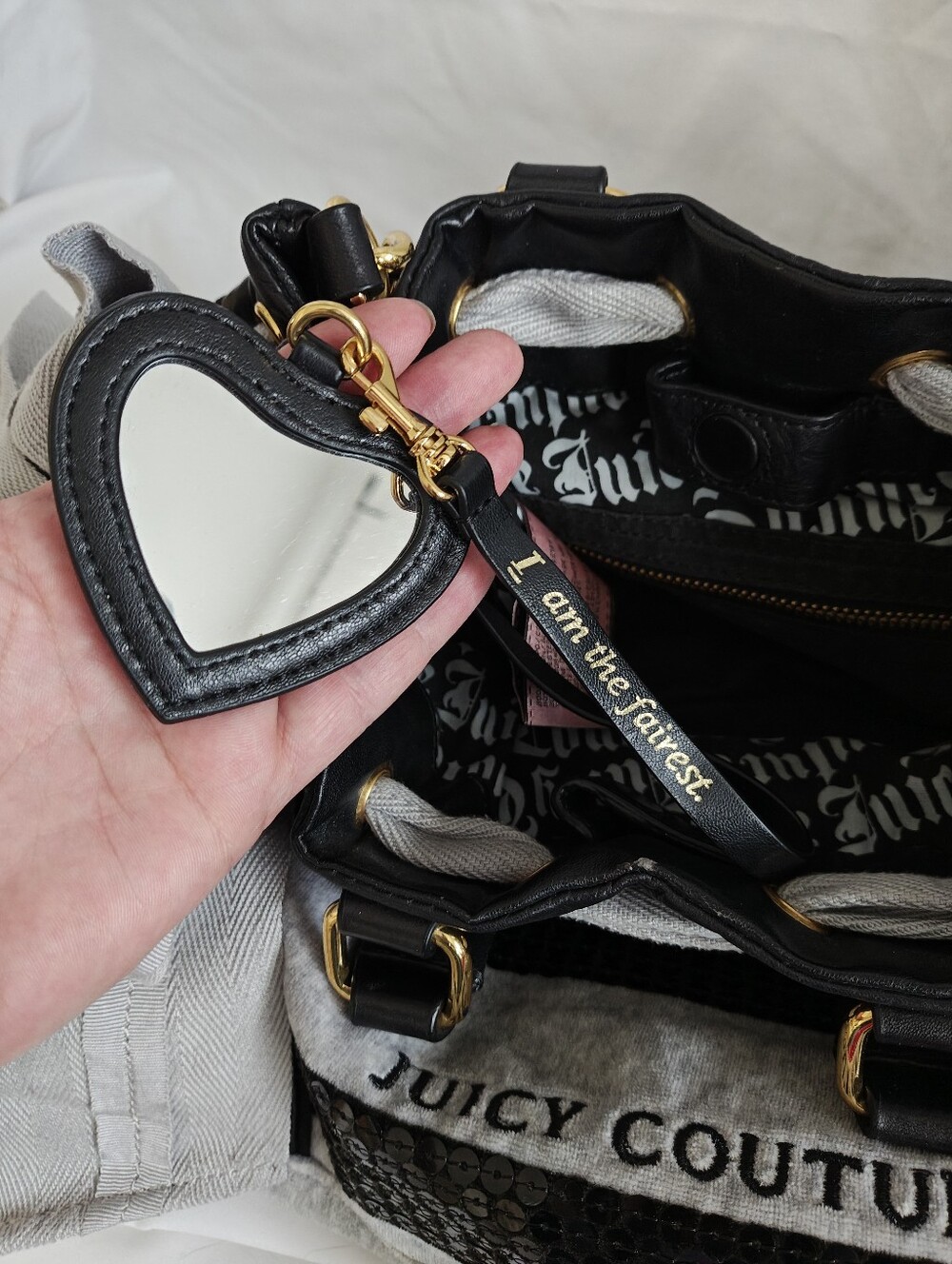 Vintage Juicy Couture Black & Grey Velour, Leather & Sequin Daydreamer Handbag - Picture 7 of 14